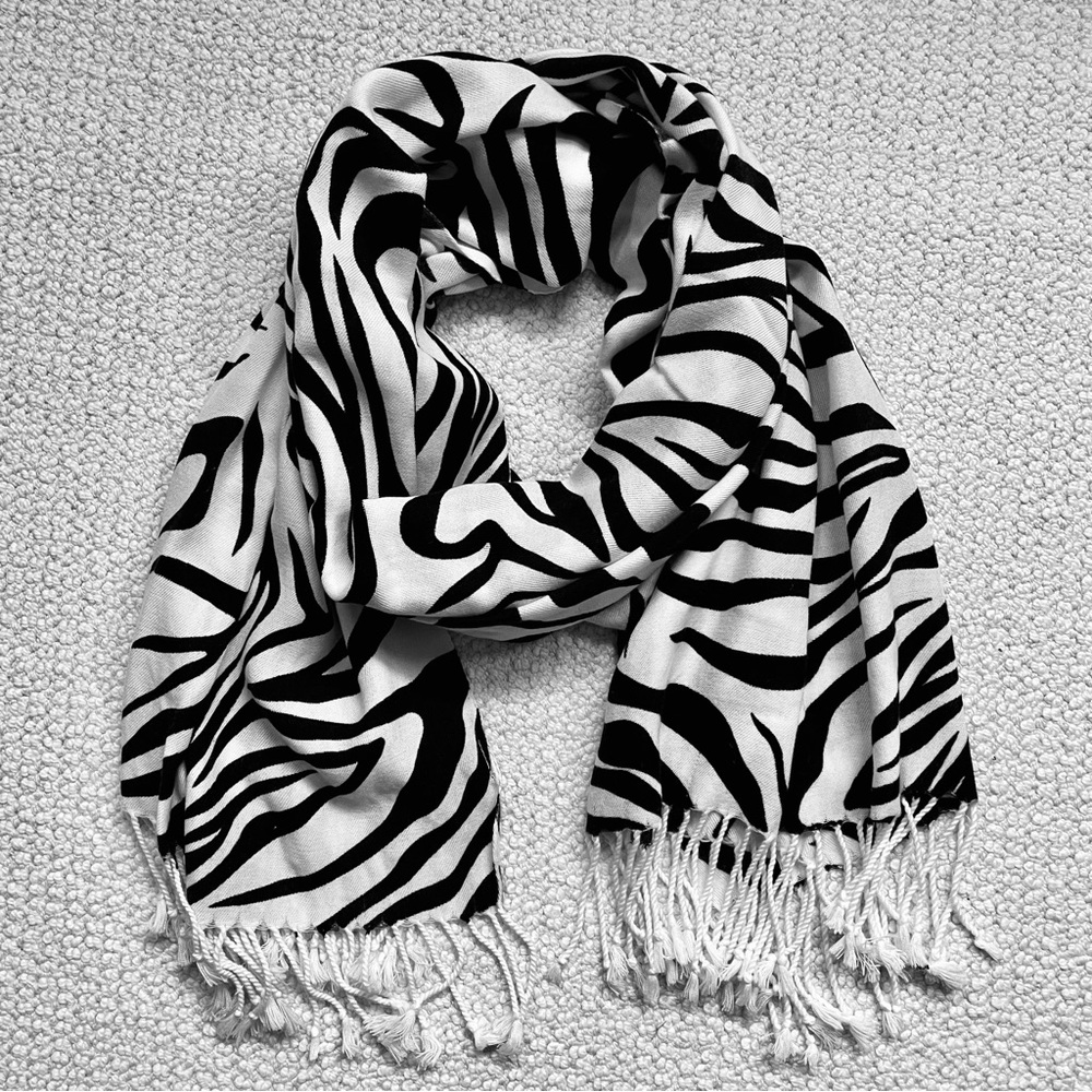 Black & White Zebra Print Fringe Scarf | Oversized Wrap / Sarong